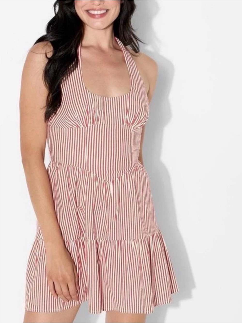 wild fable Red and White Striped Halter Tiered Mini Dress